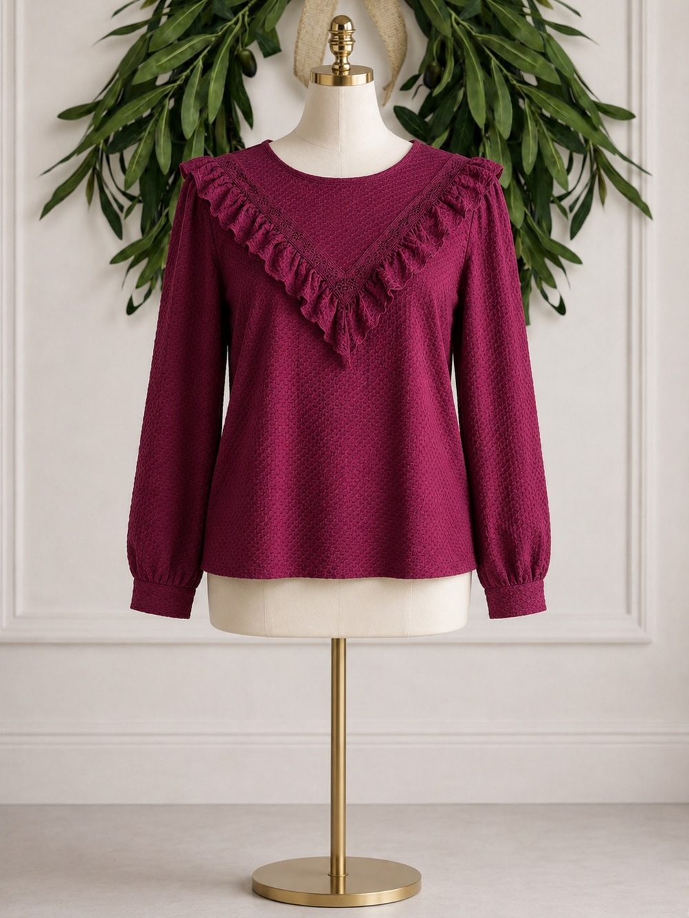 J Crew Wine Burgundy Plum Ruffle Long Sleeve Shirt XL